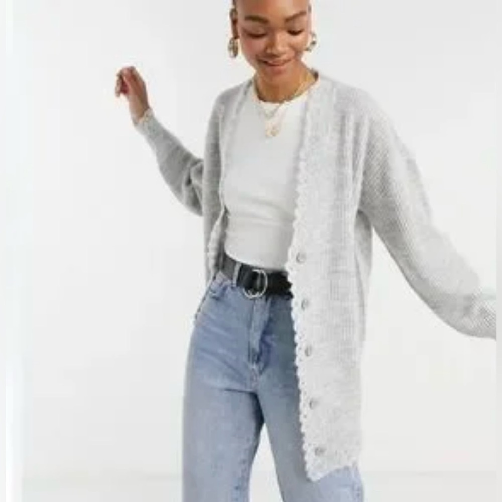STEELE Ruffled Frill Trim Light Grey Knit Button Down Cardigan Sweater Size XS